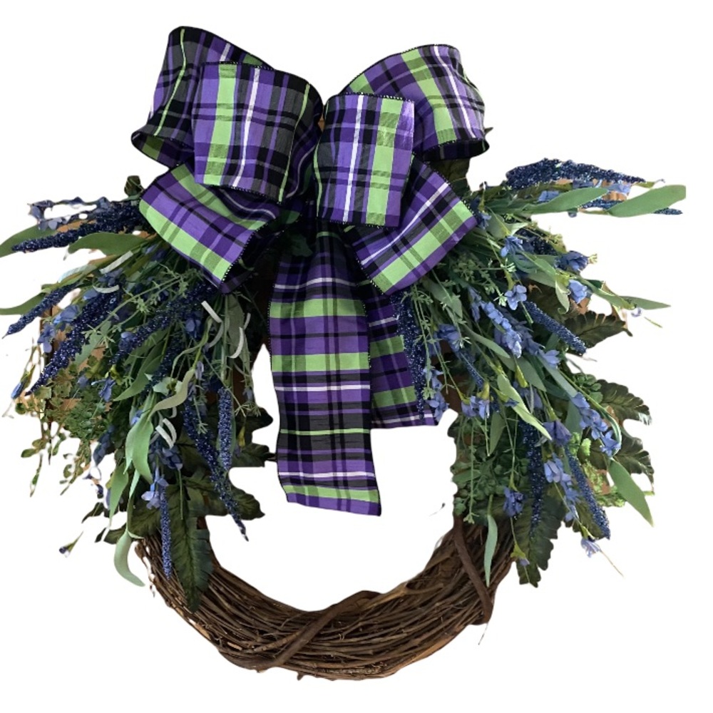 Purple flower grapevine wreath